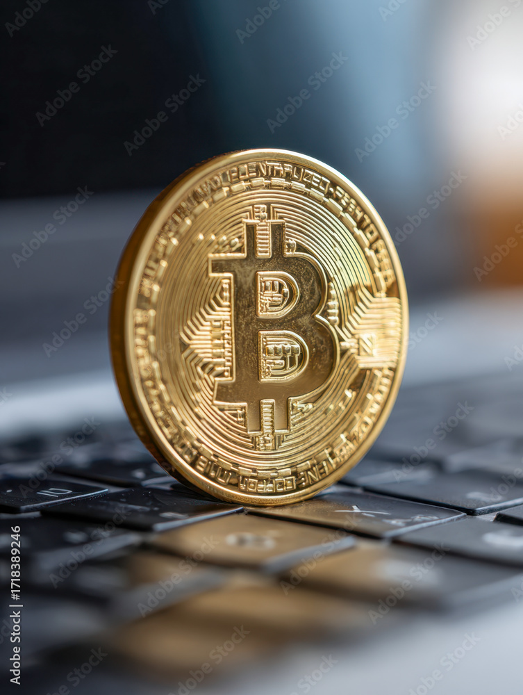 Poster Shiny digital currency token resting on a modern laptop keyboard symbolizing the concept of virtual finance and blockchain technology advancements in a blurred background