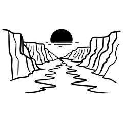 A stylized black and white line drawing depicts a winding river flowing through a canyon with a large black sun setting over the horizon