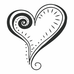 A stylized black ink drawing of a heart shape with a delicate spiral and dot embellishments on a white background representing love and affection