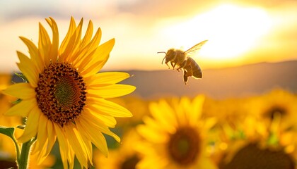 Bee flying near sunflowers at sunset © haura