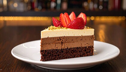 Chocolate layered cake slice with strawberries