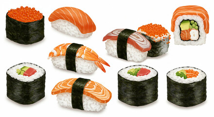 A delectable assortment of sushi illustrations, showcasing various types of nigiri and maki rolls, perfect for restaurant menus, culinary blogs, or any project requiring high-quality sushi imagery....