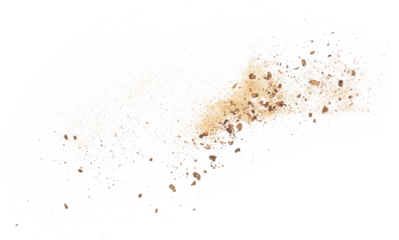 Pieces and dust of tree bark with sand flying, isolated on white background and texture, clipping path