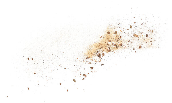 Pieces and dust of tree bark with sand flying, isolated on white background and texture, clipping path