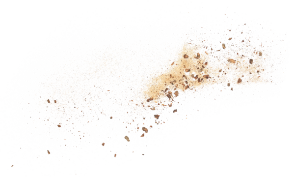 Pieces and dust of tree bark with sand flying, isolated on white background and texture, clipping path