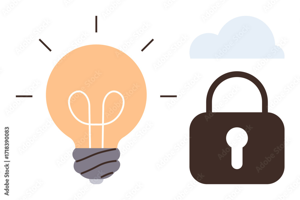 Poster light bulb symbolizing creativity beside a padlock and cloud representing security and cloud computi