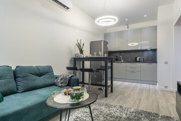 Elegant interior of an open-plan urban apartment. A sitting area with a soft sofa and a kitchen...