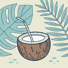 Refreshing half coconut with a straw and tropical leaves in a minimalist flat design style evoking a summer vacation vibe