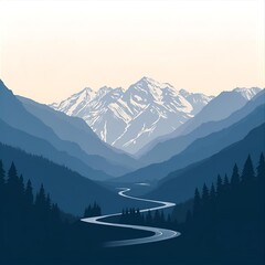 Blue Mountain Valley Landscape with Winding Road at Dawn
