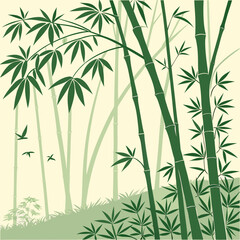 Serene bamboo forest with delicate green leaves and stalks reaching towards the sky with two small birds flying gracefully in the soft light background