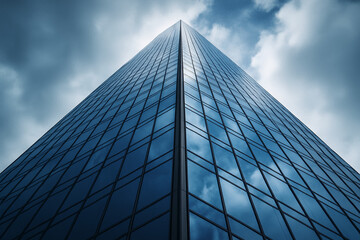 Low-angle view of modern glass skyscraper with geometric reflections