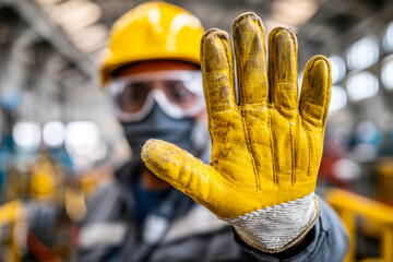 Worker signaling stop with protective gloves in industrial environment