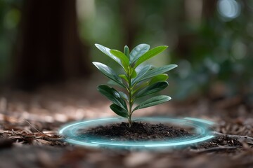 Young plant with glowing blue digital circle around it, representing smart farming, sustainable agriculture, and ecological technology for environmental protection.