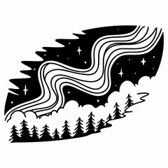 Stylized black and white illustration of a celestial aurora borealis dancing above a silhouette of pine trees and clouds under a starry night sky