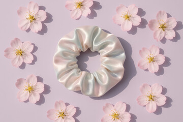 Flat lay of shiny pastel scrunchie with cherry blossoms on lavender background