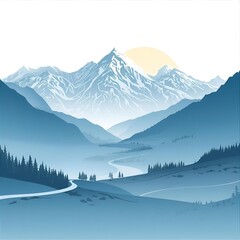 Stylized Blue Mountain Valley Landscape with Rising Sun

