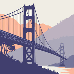 Stylized illustration of the iconic golden gate bridge spanning across a body of water with rolling hills and trees in the background under a soft pastel sky