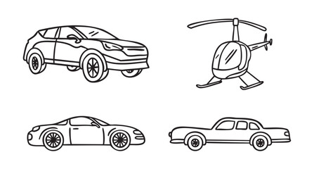 Set of transport retro car sedan crossover helicopter, hand drawn doodle, line art, monochrome, hand drawn © Yanka