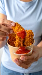 Hand holding a paper container of breaded chicken fingers with ketchup