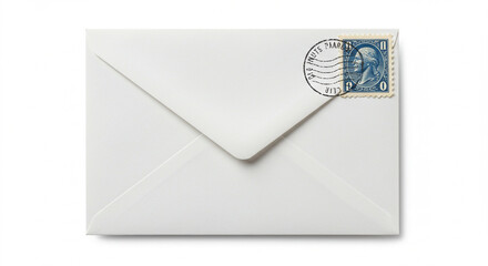 Vintage White Envelope with a Blue Postage Stamp: A Detailed Close-Up Image Perfect for Design Projects and Nostalgia-Themed Content.  This high-resolution photograph showcases a classic white enve...
