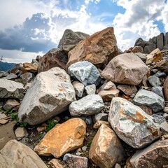 Pile of colorful rocks under a cloudy sky