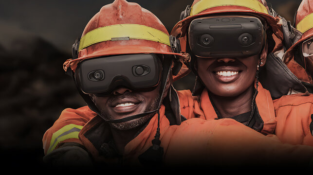 Workers in orange safety gear wearing virtual reality headsets during a training exercise.
