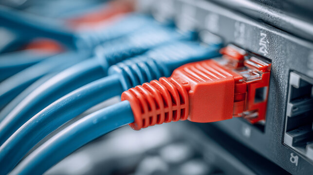 Network cables connected to a router or switch with a focus on one bright orange ethernet plug among blue cables symbolizing data connectivity and communication infrastru