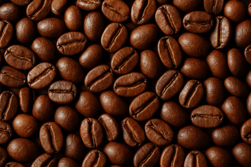 Naklejka premium Close-up top view of roasted coffee beans with glossy texture