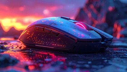 A glowing gaming mouse on a wet surface