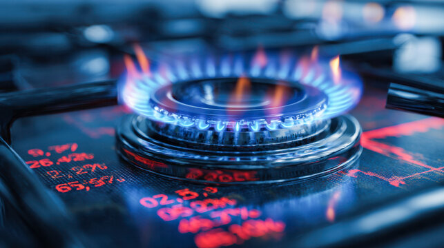 Blue flame burning on gas stove burner with reflected numerical data and stock market charts symbolizing energy consumption and market trends on black surface