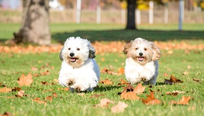 Two small white and beige dogs running in an autumn park