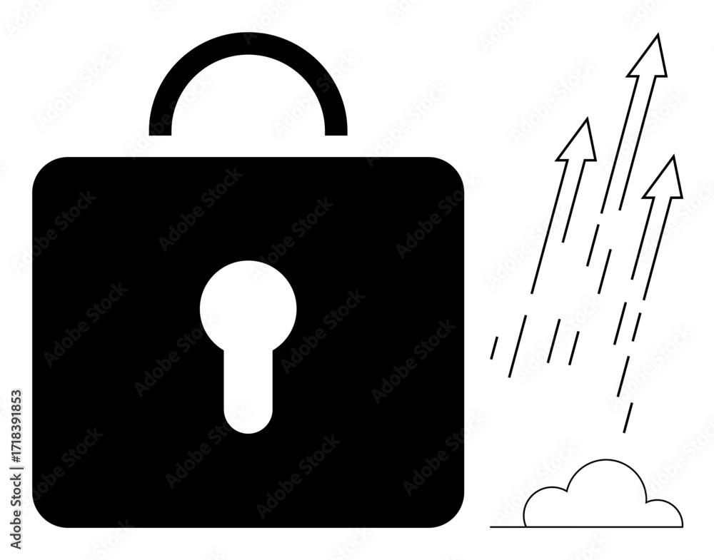 Poster black lock with keyhole and upward arrows rising from a cloud. ideal for security, growth, digital t