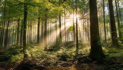 Obraz premium Sunlight Streams Through Dense Forest Canopy Creating Atmospheric Scene