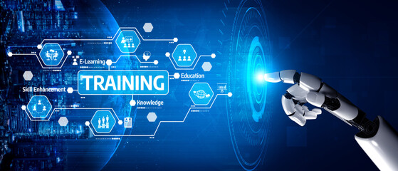 A robotic finger interacts with digital icons symbolizing training, knowledge, and e-learning within an innovative technological landscape, highlighting future education advancements. Tessel