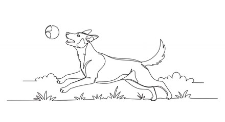 Dog playing fetch line drawing