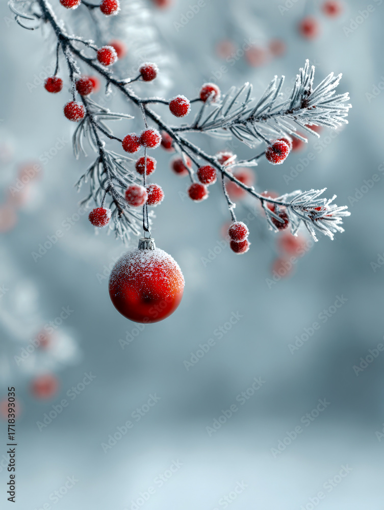 Poster frost-covered branches adorned with bright red berries and a hanging festive ornament creating a ser