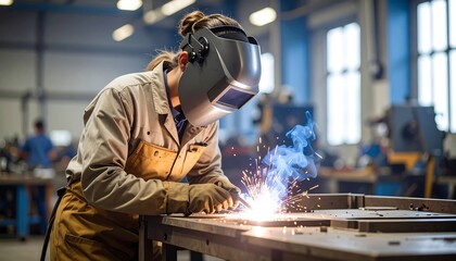 Female welder at work, sparks flying