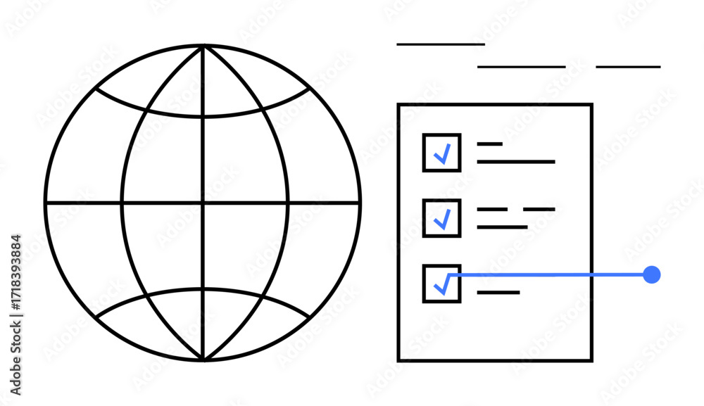 Poster globe outline beside a checklist with marked completed tasks and linked data points. ideal for globa