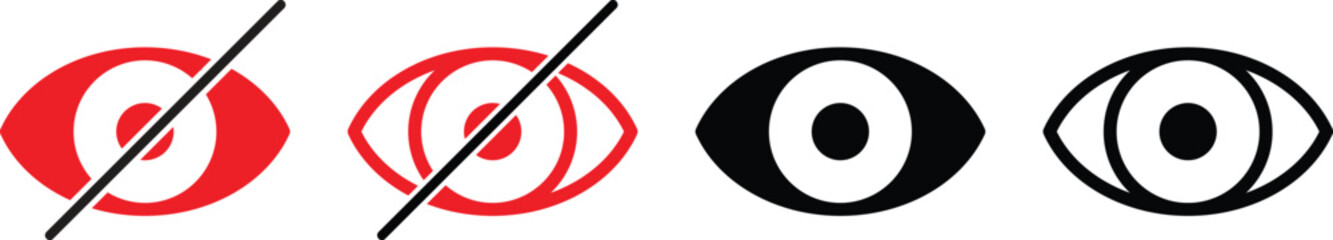 See and unsee eye icon. Eyesight symbol. Retina scan eye signs. Privacy and block flat or line vector collection. different eye shapes are shown in red and black
