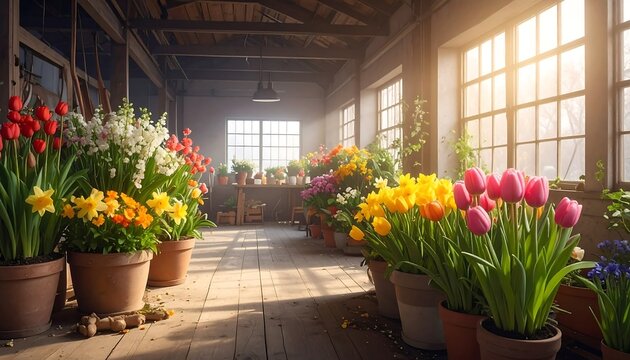 Bright floral display in a sunlit workshop