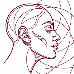 Vector art of an abstract line art portrait of a womans profile, featuring geometric shapes and flowing lines that create a modern and artistic representation of the human face