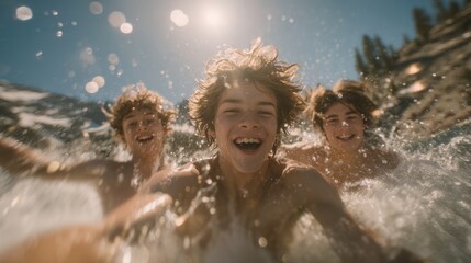 Three friends are splashing joyfully in clear water, capturing the essence of friendship and freedom on a sunny day, with a warm glow that enhances their playful expressions