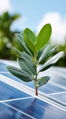 Green plant sprouts from blue solar panel. Concept of clean, renewable energy and ecological sustainability on Earth day.