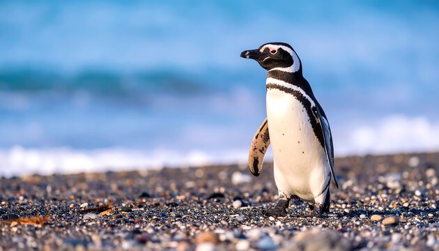 Penguin strides along a pebbled beach, ocean backdrop - Powered by Adobe