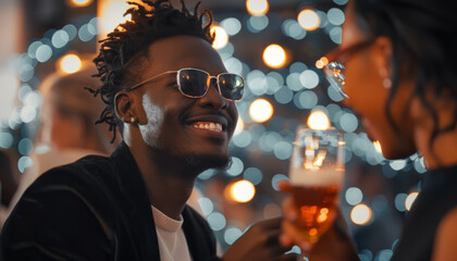 Obraz premium Happy couple at a party of cheerful friends in a nightclub with alcoholic drinks. 