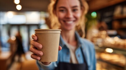Woman smiling and holding a takeaway coffee cup in a cozy cafe environment.