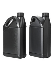 Two black plastic containers, likely for liquid, angled, and featuring handles