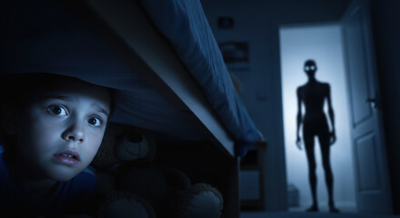 Scared boy under bed during nighttime scary stories, looking terrified by silhouette of alien in doorway. Boy is frightened by nighttime scary stories, his fear vividly captured as an intruder looms.