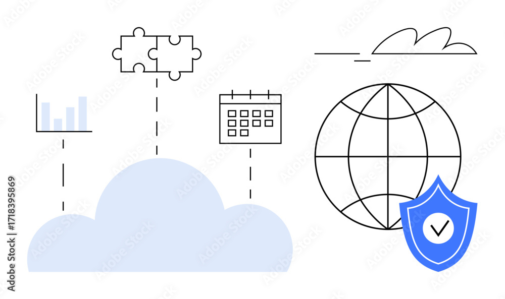 Poster cloud with graph, calendar, puzzle pieces, globe, security shield linked by dotted lines. ideal for 