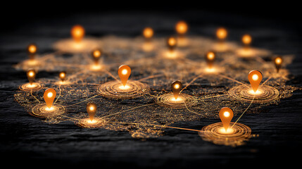 Illuminated network of connected nodes with glowing pins on a dark surface